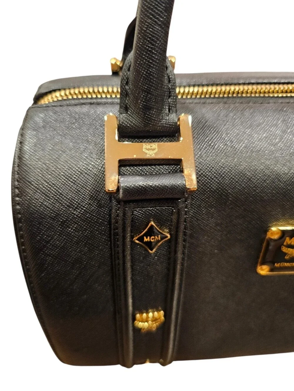 MCM Black Leather Boston Bag Satchel with Gold Hardware